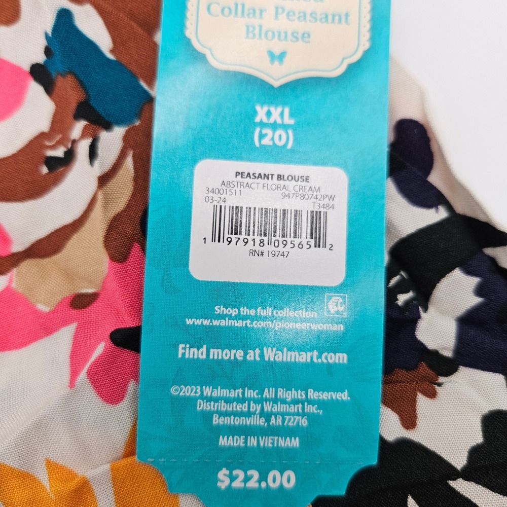 The Pioneer Woman Peasant Blouse Abstract Floral Cream XXL New With‎ Tags - Picture 3 of 7